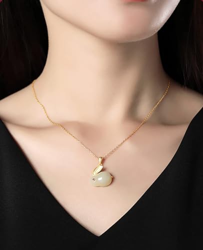 14K Gold Rabbit Necklace for Women, Natural Jade Pendant Necklace, Beautiful Chinese New Year Jewelry Gift3