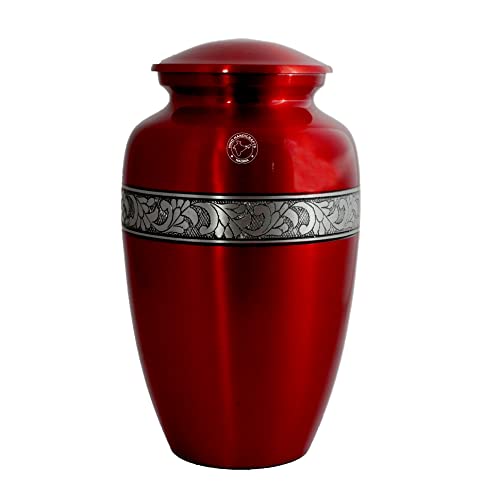Image of Silver Engraved Aluminium Cremation Urn for Human Ashes Adult - Handcrafted Funeral Memorial Ash Storage Urn - Bag Included (Red, Keepsake - 70 Cubic Inches)