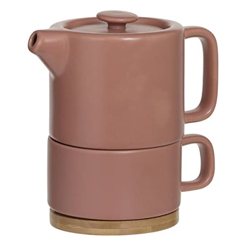 Secret de Gourmet - Théière Solitaire Nature Terra en céramique avec Tasse amovible intégrée, Rose Clair