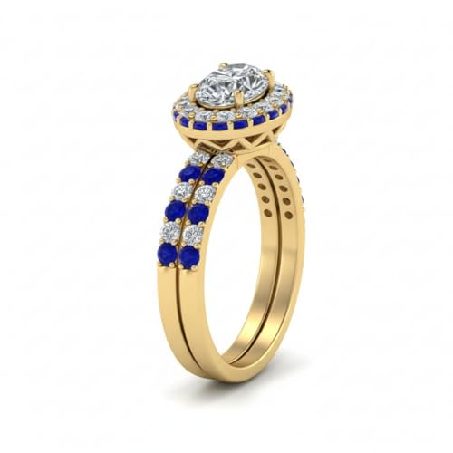 Image of Choose Your Gemstone Oval Halo Rollover Diamond CZ Wedding Ring Yellow Gold Plated Oval Shape Wedding Ring Sets Matching Jewelry Wedding Jewelry Easy to Wear Gifts US Size 4 to 12