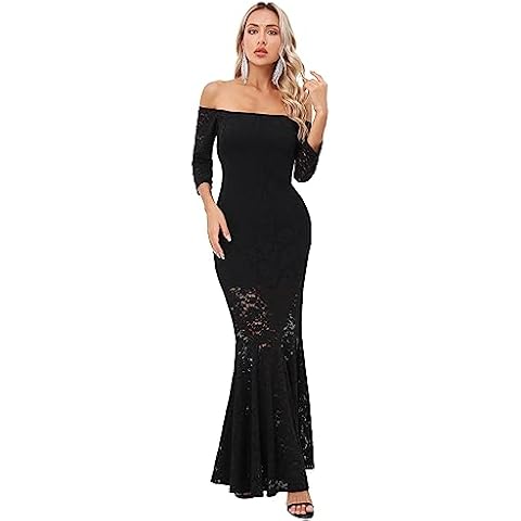 Capuffy Womens Off Shoulder Floral Lace Mermaid Maxi Dress Long Sleeves Lace Bodycon Dress Beach Wedding Guest Dress 226(Black,M) Cover