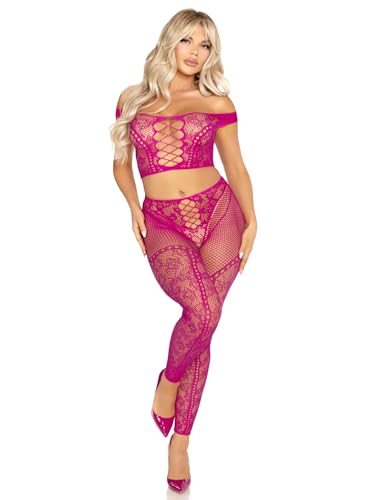 Leg Avenue Ensemble Crop Top Épaules Dénudées et Legging Sexy, Taille Unique - Magenta