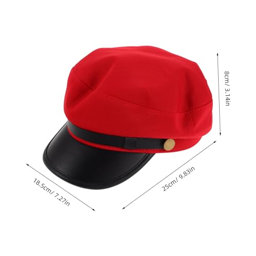 Vintage Captain Beret Hat for Unisex Lightweight PU Flat Top Newsboy Cap for Spring Summer Retro Style Student Accessory Red2