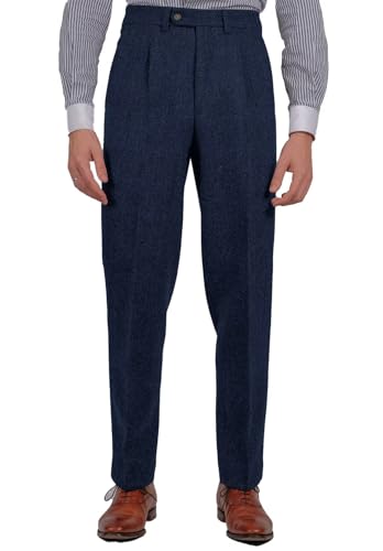 Mens Tweed Dress Pants Pleated Slim Fit Slacks with Button-Zipper Closure for Wedding