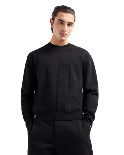 Armani Exchange Men's Stretch Cotton Pullover Sweater with Rectangular Grid and Stacked Ax Logo