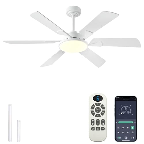Image of JSAITEE 52 Inch Low Profile Ceiling Fan with Lights, Remote & APP Control, 3CCT Dimmable, 6 Blades 6 Speed Ceiling Fans, Quiet Reversible DC Motor, Modern White Ceiling Fan for Bedroom Living Room