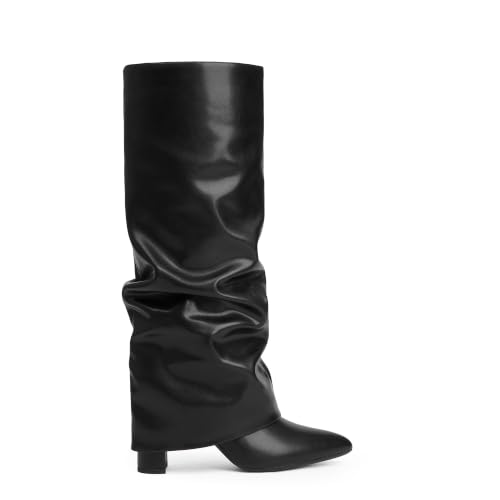Image of Knee High Boots Women Fold Over Boots Chunky Heel Pointed Toe Tall Boots | Fashion Slouchy Boots,Side Zipper Shark Boots,Fall Spring Winter Fashion Dress Tall Boots,Evening Bridal office Long Boots