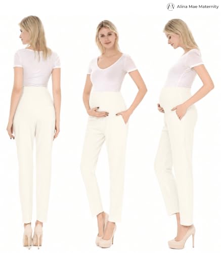 Image of Maternity Pants Work Over The Belly with Pockets, Womens Pregnancy Dress Pants Office Clothes Trousers Stretch Summer