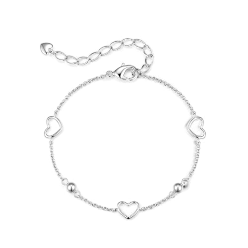 JSGEMSLEE Love Heart Bracelet for Women Sterling Silver Heart Chain Bracelet Stackable Link Bracelets for Women Trendy Thanksgiving Christmas Gifts Jewelry