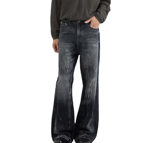 Mens Wide Leg Flared Jeans Washed Contrast Color Denim Pants High Waisted Casual Trousers