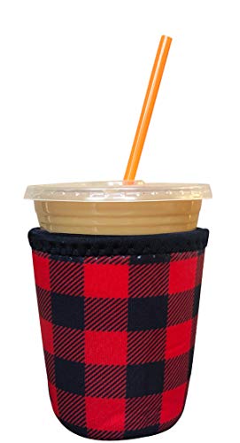 Image of Iced Coffee Sleeve, Insulated Neoprene Cup Sleeve, Fits a 16 Oz. Coffee Cup, Washable and Reusable, Iced Coffee Accessories, Small Buffalo Plaid