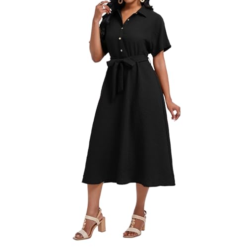 Women's Summer Casual Button Down V Neck Short Sleeve Smocked High Waist A-Line Elegant Belted Midi Dress4