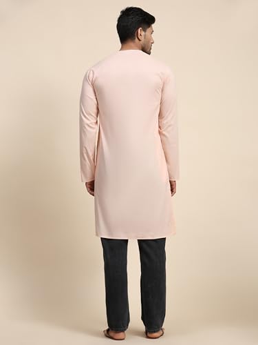 Image of Amazon Brand - Anarva Men's Cotton Solid Round Neck Kurta Long Sleeves Straight Knee Length Casual Shirt