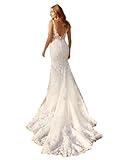 V Neck Wedding Dresses for Women Bride 2025 Vestido De Novia Lace Spaghetti Straps Mermaid Elegant Bridal Gowns for Women Long Trail White US8