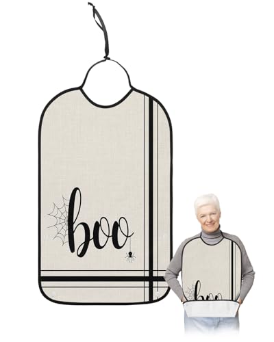 Kewadony Adult Bibs for Elderly Women - Halloween Waterproof Dining Clothing Protectors with Crumb Catcher for Eating/Feeding, Boo Black Striped Rustic Terry Cloth Bib Machine Washable