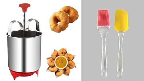 Image of Set of 2 Kitchen Silicon Flat Pastry Brush and Spatula Set & Stainless Steel Medu Vada Maker with Stand