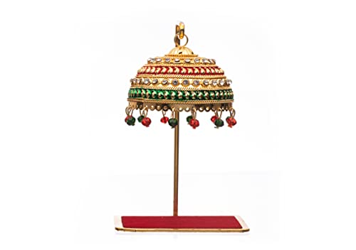 Image of Metal Chhatra with Hanging Crystals - Decorative Umbrella for God Idols, Car Dashboard, Home Temple & Table Decor - Chatri Aasan for Murti (M99)