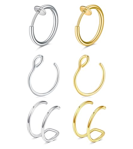MODRSA Clip on Nose Ring Lip Ring Ear Cuff - Faux Nose Rings Fake Lip Piercing - Silver & Gold Hoop Earrings