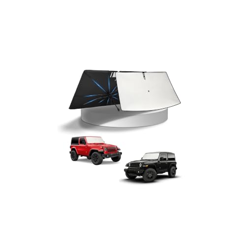 Image of KUST Sun Shade Umbrella for 2018-2026 Jeep Wrangler JL & 2020-2026 Jeep Gladiator JT | Custom Fit Windshield Sunshade | Foldable Sunshade with Bendable Handle | Blocks Heat & UV Rays Keep Car Cool