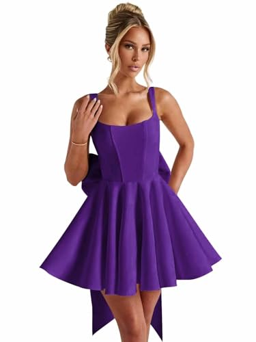Satin Short Homecoming Dresses for Teens Square Neck A Line Mini Cocktail Party Gowns with Bow Wedding Guest Dress