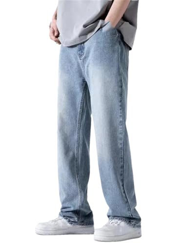 Men's Cotton Jeans, Elastic Waist Straight Jeans, Loose Casual Blue Trousers