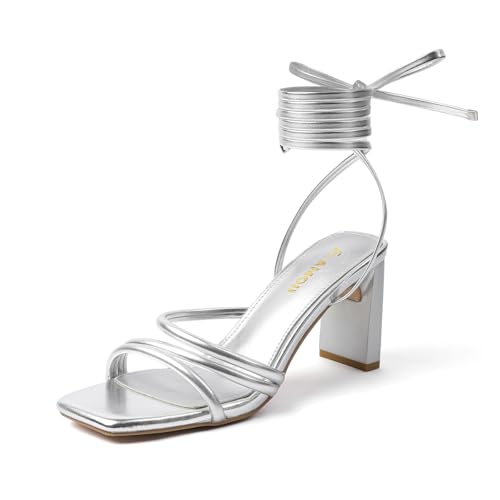 Amoji Women 3 Inch Strappy Heels Lady Strap Up Heeled Sandal Wedding Party Shoes 331 8 Silver