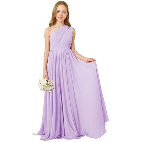 MCieloLuna Summer One Shoulder Flower Girls Dress Chiffon Flowy Beach Wedding Junior Bridesmaid Dress for Big Kids Teens One Shoulder Princess Pageant Prom Gowns Lilac Size 10 Cover