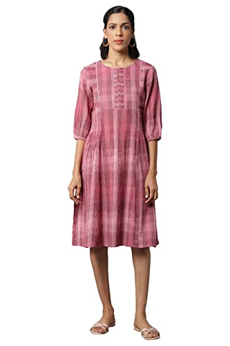 Image of W for Woman Women's Cotton Dark Pink Ikkat Smoking Dress in Round Neck Below The Knee
