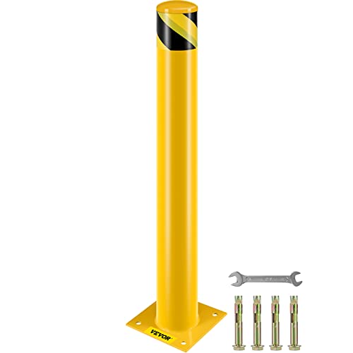 VEVOR Bollard de Sécurité 91,4x11,4 cm, Borne de Sécurité en Tube d’Acier Durable, Revêtement en Poudre Jaune, Barrière de Sécurité avec 4 Boulons d'Ancrage, pour Parking Stationnement, Piétons, École