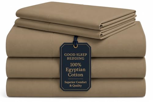 Image of Good Sleep Bedding Split King Sheets for Adjustable Bed, 5 Piece, 100% Egyptian Cotton Sheet & Pillowcase Sets, Sateen Weave, Ultra-Soft, 16 inch Deep Pocket Adjustable Bed Sheets - Taupe