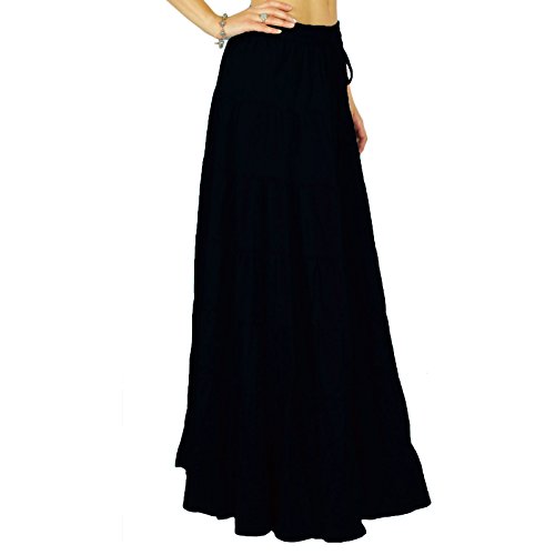 Women's Long Skirt Bohemian Gypsy Tiered Cotton Maxi Skirt Beach Wear Black4