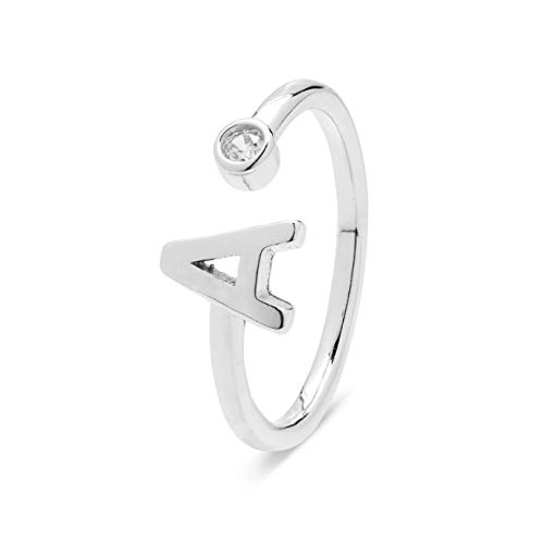 LUXENTER Anillo de plata de ley 925 y circonita brillante con acabado en baño de rodio - Alphabet