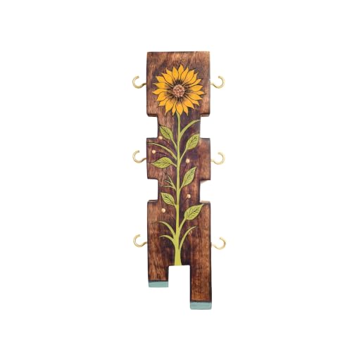 Image of AAKRITI ART CREATIONS Key Holder, Sunflower Wooden Key Hanger | Rustic Wooden Wall Organizer with 6 Hooks | New Home Gifts | Multifunctional Entryway Decor Item