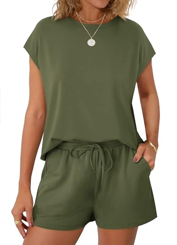 Image of WIHOLL Two Piece Sets for Women Summer Crew Neck Lounge Short Sets Cap Sleeve Drawstring Sweatsuit with Pocket
