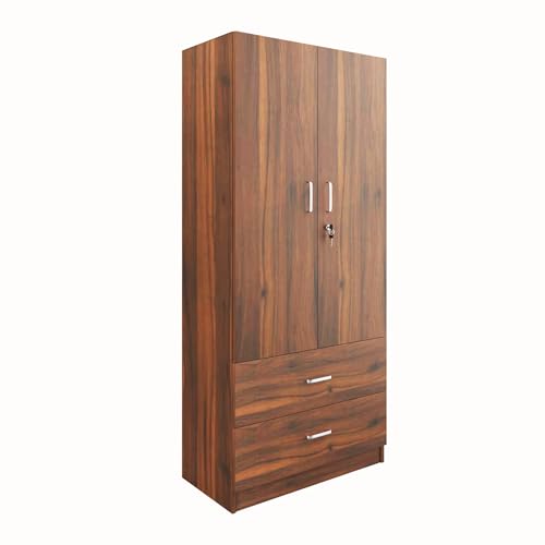 Image of VIKI Wardrobe | Tulum Wardrobe | Wooden Almirah for 2 Door Wardrobe with 2 Drawer & Hanging Space (Brussel Walnut - 40D x 80W x 180.8H) | 1 Year Warranty | Free Assembly