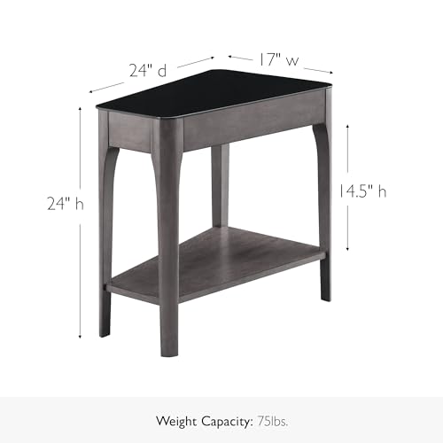 Image of Leick Home Obsidian End Table, Solid Wood, Narrow Wedge Shape, Glass Tabletop, Bottom Display Shelf, Easy Assemlby, Smoke Gray /Black, 24.0 in. L x 17.0 in. W x 24.0 in. H, 11102-GR