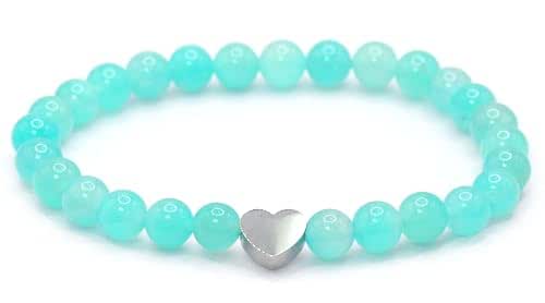 Genuine Amazonite AAA Gemstone Bracelet with 6 mm Beads and Stainless Steel Heart - Various Lengths - Healing Stone Protective Stone Talisman Lucky Charm Gift (Amazonite, 18 cm) - View 2