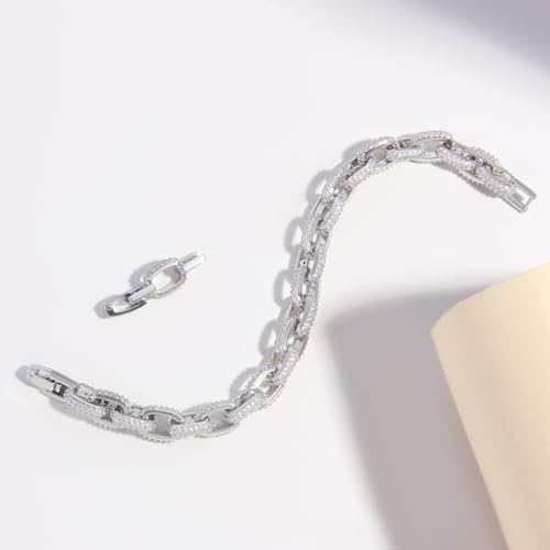 Silver Plated White Cubic Zirconia Pave Bracelet,Bling CZ O-chain Hip Hop Cuban Bracelets Tennis Bracelet for Women Men Jewelry,7.2"2