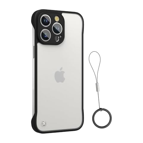 ASONRL Frameless Phone Case Compatible with iPhone 15 Pro Max 6.7 inch, Ultra Thin Matte Hard PC Shock Absorption TPU Bumper with Full Camera Coverage Non-Slip Rope Pull Ring for 15 Pro Max- Black Cover
