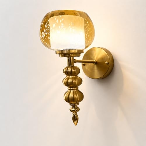 Image of Modern Brass Wall Light with Golden and White Double Glass Shade, Golden Finish, Vintage Wall Sconce Ideal for Bedroom, Living Room, Hallway, Home Decor with Tri-Colour Bulb