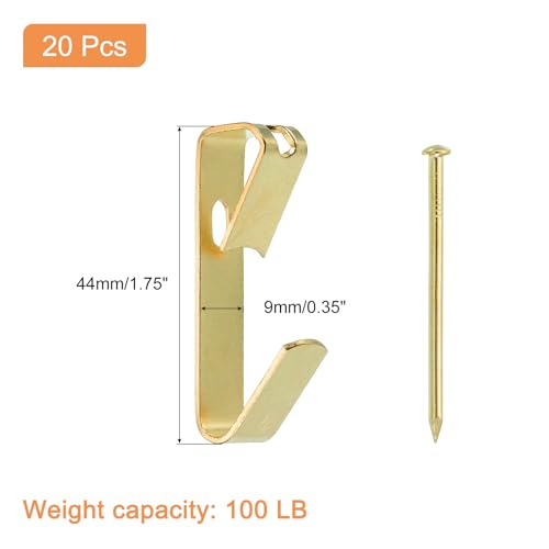 Image of uxcell 20Pcs Photo Frames Hanger Hooks, 100 Lb Frame Hooks with Nails Metal Wall Mount Album Picture Hanging Clips for Hanging, Clocks on The Wall, Gold