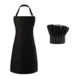 Tosewever Chef Apron Hat Set, Adjustable Bib Apron with 2 Pockets Chef Costume Apron for Women Men Father Kitchen Cooking (Black)