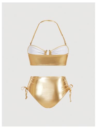 MakeMeChic Women's 2 Piece Bikini Sets Metallic High Waisted Ruched Halter Tie Side Swim Bathing Suit2