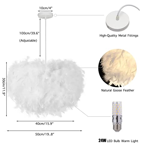50cm/19.8" Hemisphere White Feather Pendent Light Feather Lampshade Ceiling Light Fixture Feather Chandelier for Living Room, Bedroom, Dining Room