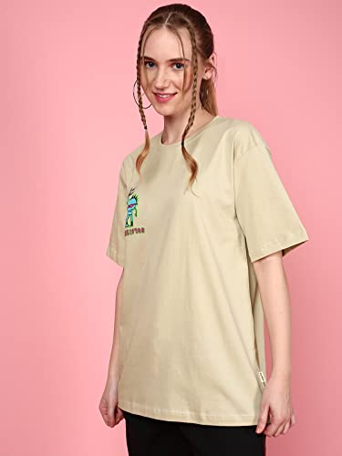 Image of JUNEBERRY Oversized Loose Baggy Fit Drop Shoulder Round Neck Half Sleeve Cool Punk Graphic Printed Pure Cotton Boyfriend T-Shirt for Women