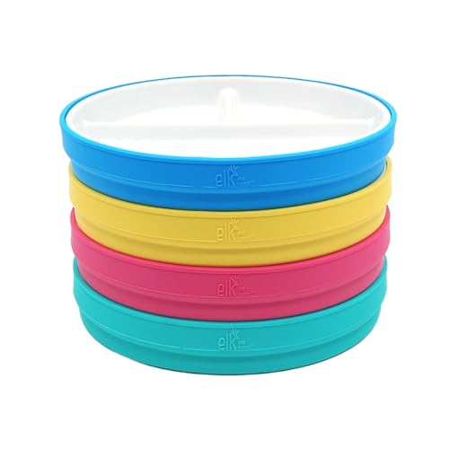 Image of Elk and Friends Kids 7.8” Porcelain White Plates with Silicone Sleeves | Divided Plates | Suitable for Kids/Toddlers | Microwave & Dishwasher Safe | Non Slip | Snack Dishes…