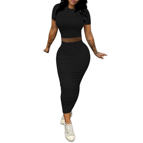 PINSV 2 Piece Outfits For Women Sexy Dress Short Sleeve Crewneck Crop Top Maxi Bodycon Dress Long Skirt Set Casual Dresses-Black-L