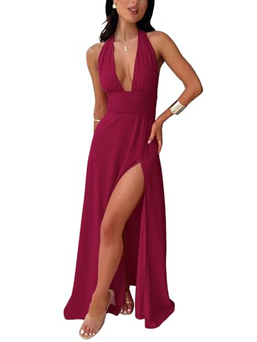 Image of Ekaliy Womens Sexy Halter Deep V Neck Maxi Dress Sleeveless Backless Split Long Dress