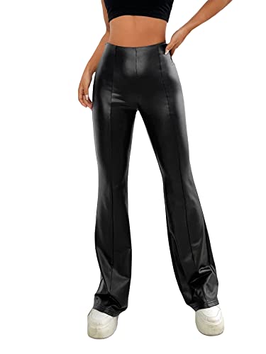 WDIRARA Women's High Waisted Faux Leather Flare Leg Bell