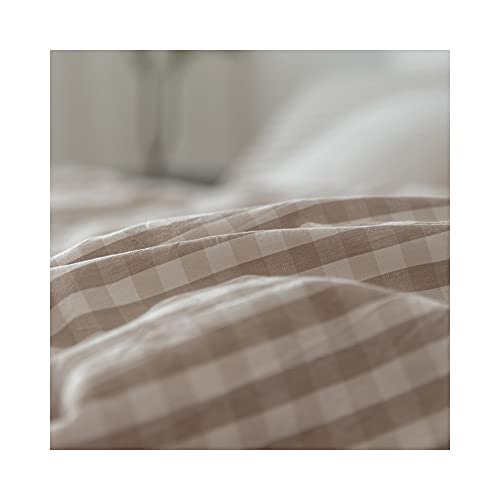 Image of F.Y.Dreams 100% Washed Cotton Duvet Cover for Weighted Blanket 60x80 inches with 16 Ties, Zipper on Long Side /Khaki and White Grid /Just Duvet Cover